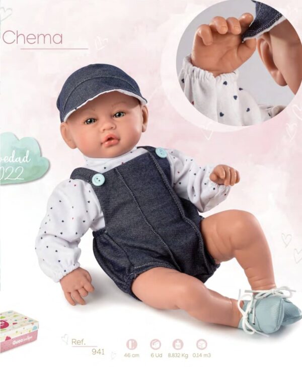 941, Guca, Κούκλα Μωρό με ολόσωμη φόρμα τζιν και ασορτί καπέλο, 46εκ