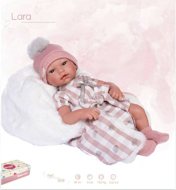 908, Guca, Κούκλα Μωρό, ροζ καρό ρουχαλάκια και μαξιλαράκι, ροζ σκουφάκι, 38εκ