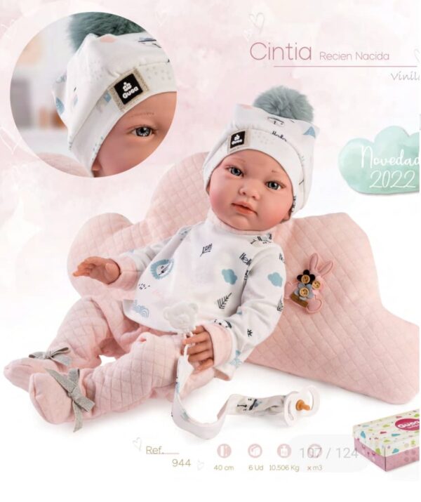 944, Guca, Κούκλα Μωρό Cintia,με λευκό ζακετάκι, σκουφάκι, πιπίλα και ροζ μαξιλαράκι, 40εκ